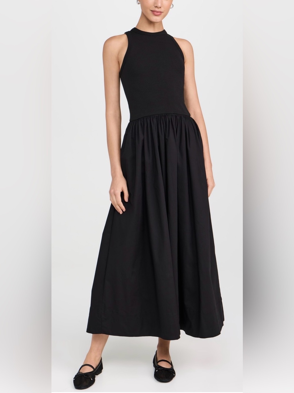 Soldout. NYC The RSVP Dress in Black Sleeveless Maxi Dress with Gathered Skirt